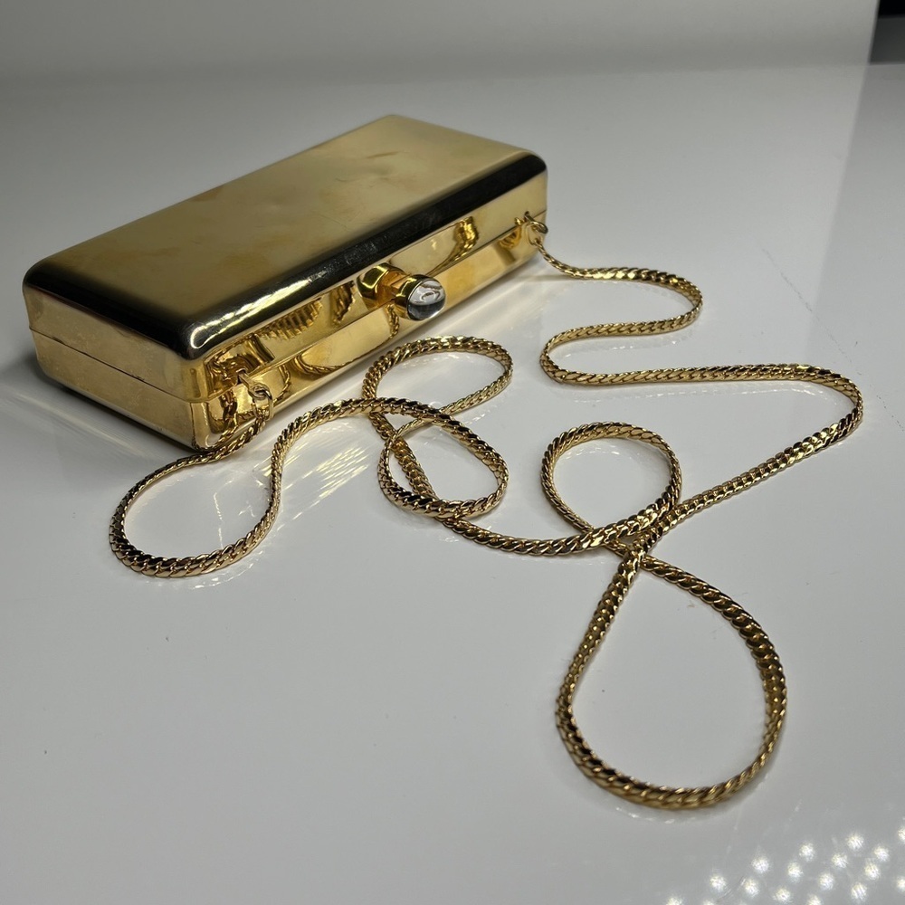 Landau Gold Tone Metal Crossbody Clutch Evening Bag Velvet Lined